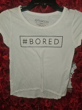 Fifth Sun Girls White Tee with Black “#BORED” Graphic Size Medium